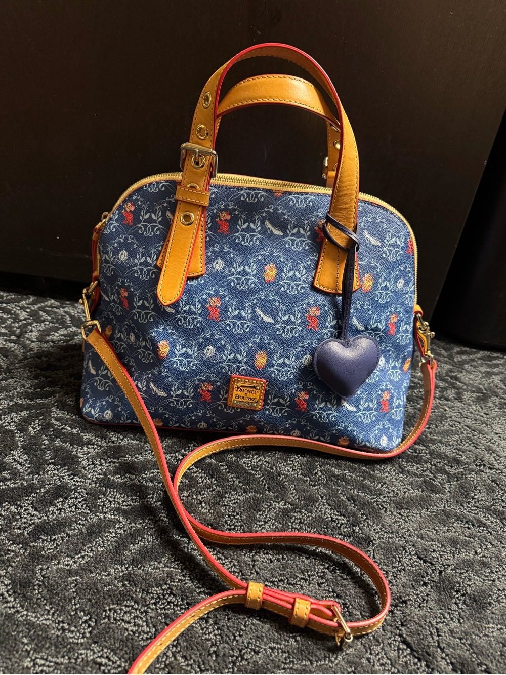 Dooney & Bourke Cinderella Navy Printed Satchel with Yellow Trim and Red Strap